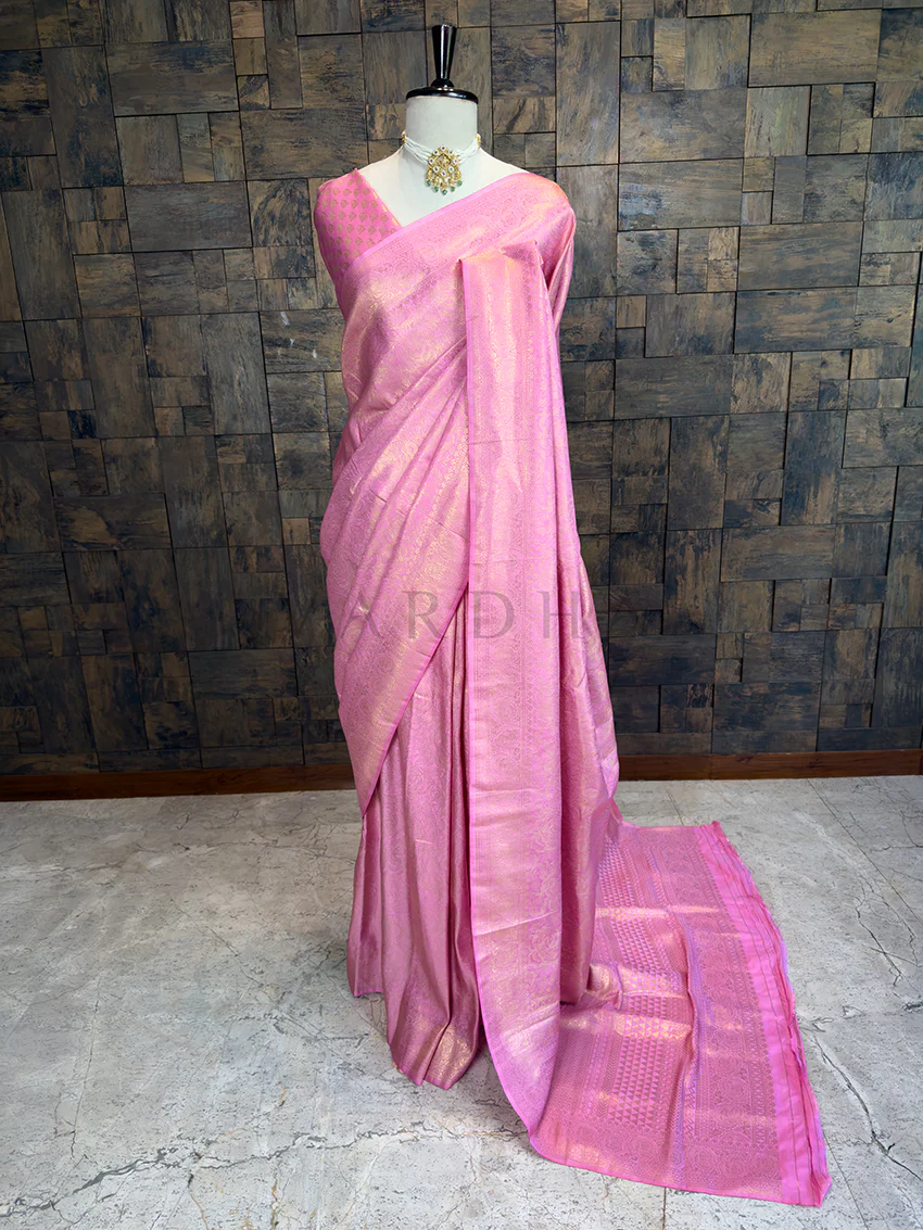 Rose Pink Golden Zari Kanjivaram Silk Saree
